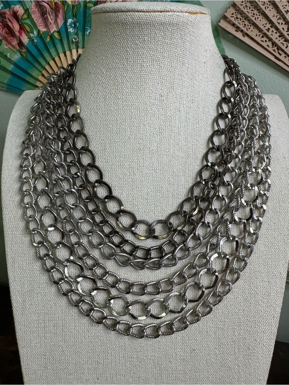 Chico's Bailey Necklace Layered Metallic Silver and Gun Metal Multi-Chain